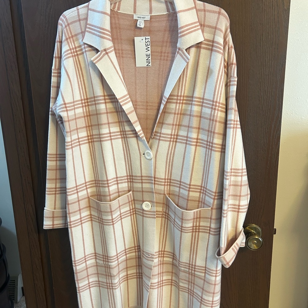Nine West Pink and Cream Plaid Cardigan